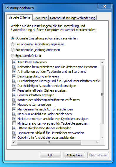 Windows 7 Leistungsoptionen